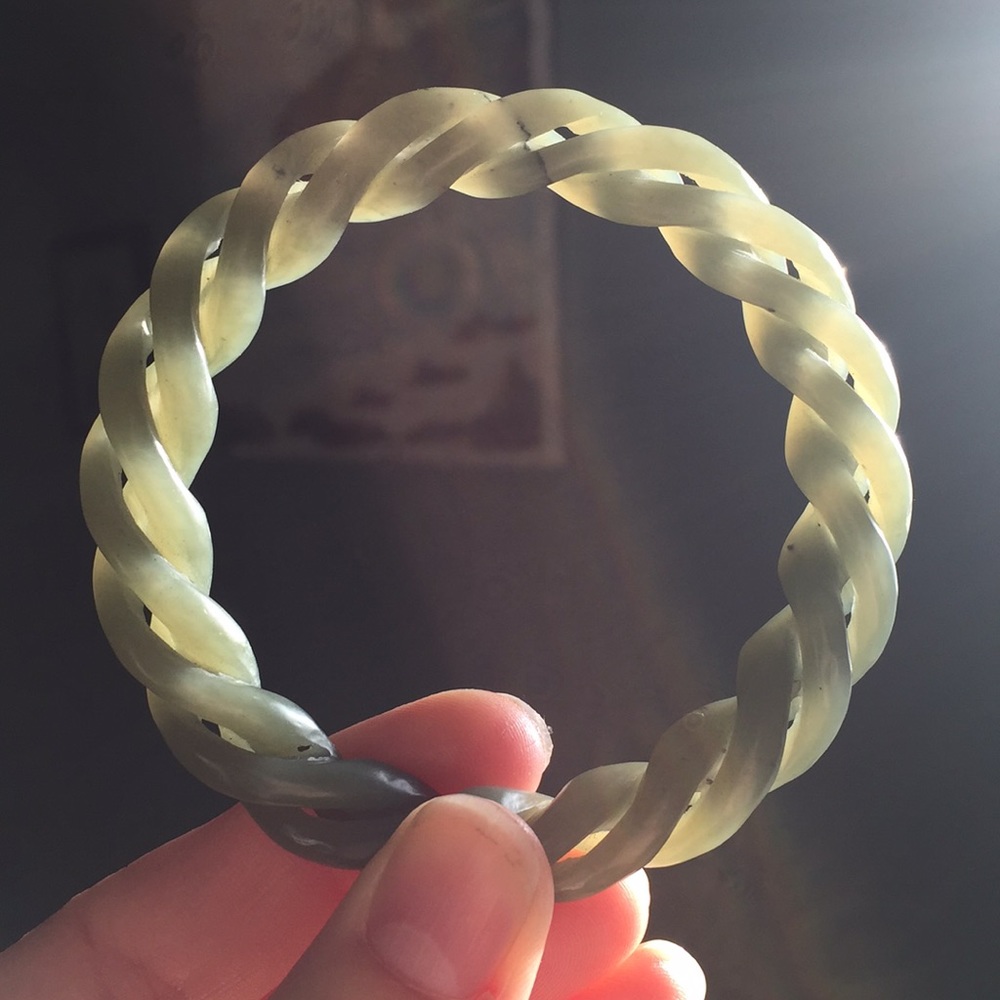 Qing Dynasty Green Celadon Jade Twist Bangle 58mm